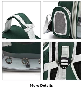 Detail view of reinforced handle, mesh side window, and metal air holes on green cat backpack