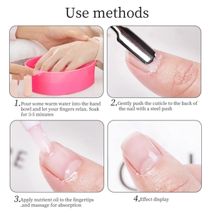 Manicure soak bowl set with cuticle pusher and oil for professional nail care routine