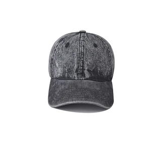 Detail of vintage washed dark gray denim texture on a classic baseball cap surface