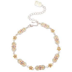 Elegant Chinese-style enamel flower bracelet in 925 silver with colorful floral motifs