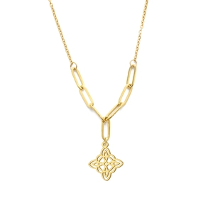 Gold stainless steel witch knot layered necklace with paperclip and cross link chains