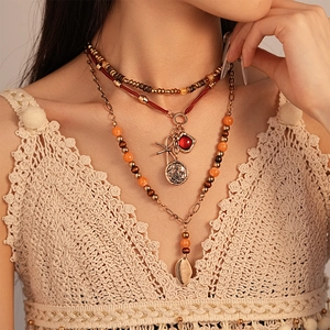 Bohemian Multi-layer Necklace Alloy Chains Artificial Wood Beads Faux Gemstone Geometric Pendants Vintage Ethnic Style Women