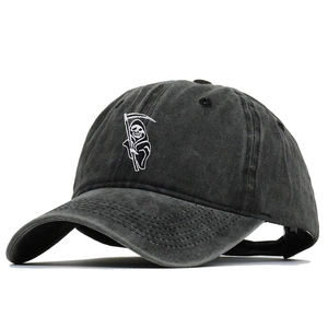 Distressed dark grey cotton baseball cap featuring white embroidered Grim Reaper design