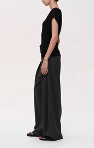Minimalist Tencel wool T-shirt with deep V-neck and slim fit on side view model