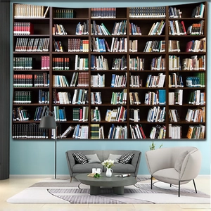 Detailed bookshelf tapestry background with realistic 3D library pattern for home wall decor