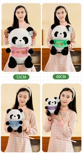 Detailed comparison of panda plush dolls in 55cm and 40cm sizes with China T-shirts
