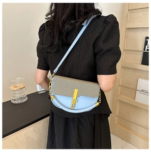 Detail of light blue crescent bag with woven fabric panel and gold vertical clasp