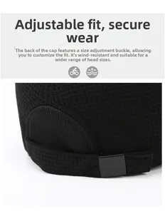 Detail of adjustable metal buckle and honeycomb texture on black thermal baseball cap