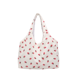 Large capacity corduroy tote bag with strawberry print and soft handle straps