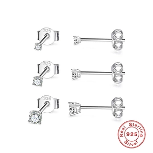 Set of three minimalist 925 sterling silver stud earrings with clear round crystals