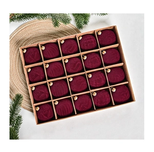 Set of 20 burgundy velvet Christmas ornaments with embossed texture in a gift box
