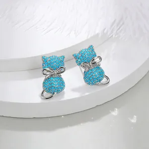 Cute Cat Stud Earrings Copper Micro-inlaid Colorful Rhinestone Bowtie Animal Ear Studs S925 Sterling Silver Post For Women Girl