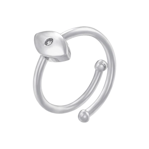 Close-up of adjustable silver open ring with fan-shaped stones and eye-shaped detail