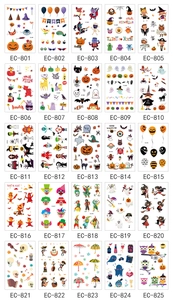 Grid display of 25 waterproof Halloween cartoon tattoos featuring pumpkins and ghosts