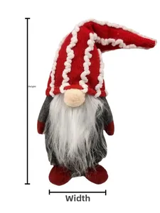 Gnome de Noël avec chapeau à rayures et barbe blanche montrant les dimensions de la taille