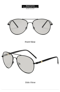 Detailed front and side views of black pilot sunglasses with photochromic lenses