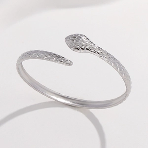 Adjustable silver snake open cuff bracelet in stainless steel with textured scales
