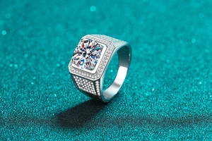 Macro shot of S925 sterling silver men's ring with large square moissanite and pave diamonds