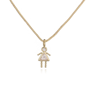Gold girl pendant necklace with clear zircon stones on elegant box chain, white background