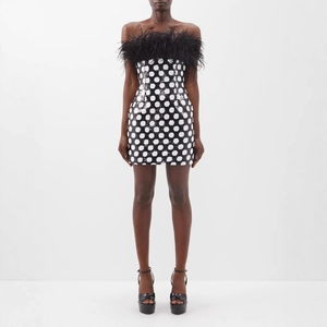 Polka dot sequin mini dress with ostrich feather trim and slim fit backless design
