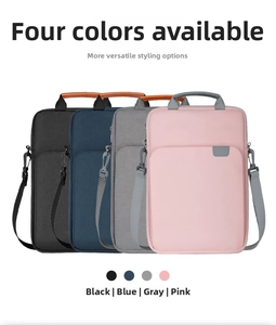 Detail view showing four waterproof nylon laptop bags in black, blue, gray, and pink colors