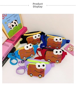 Flat lay of colorful cartoon bus nylon crossbody bags for kids in five vibrant colors