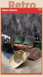 Detailed view of assorted colors and 100% cotton fabric labels for retro baseball caps