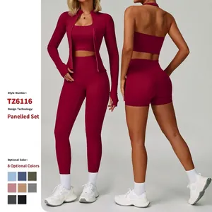 Women Yoga Fitness Bra Jacket Pants Nylon Spandex Slim Fit Quick Dry Seamless High Waist Workout Gym Running Apparel Lady