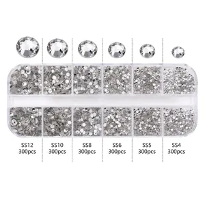 12-grid box of 1800pcs clear flatback crystal rhinestones for nail art and DIY decor