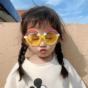 Cute kids rainbow round sunglasses with yellow frame and white clouds for outdoor sun protection