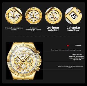 Detail view of OLEVS men's automatic watch with chronograph sub-dials and gold steel band