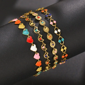 Gold-plated stainless steel chain bracelets with colorful enamel hearts and moons