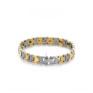 Macro view of tungsten steel link bracelet with magnetic therapy stones and dual-tone finish