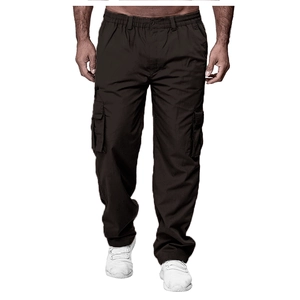 Detail of men's black cargo pants showing functional side pockets and durable fabric texture