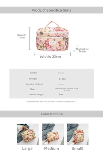 Detail view of floral quilted toiletry bag with dimensions and 23x16x16cm size specs
