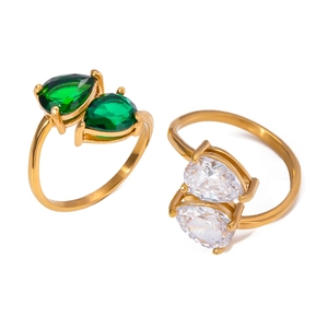 Open Adjustable Ring 18K Gold Plated Stainless Steel Pear Shape Emerald Green And White Zircon Water Drop For Women