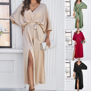 Women Elegant V Neck Satin Maxi Dress Batwing Sleeve Tie Waist Side Slit High Waist Loose Long Dress