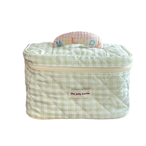 Trousse de maquillage matelassée à carreaux rose et vert avec broderie MELODY