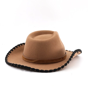 Brown felt cowboy hat featuring distinctive black woven stitching on the curved brim