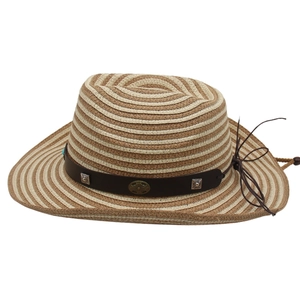 Detail of straw cowboy hat with leather band, vintage metal studs and windproof cord