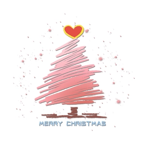 Pink minimalist hand-drawn Christmas tree window sticker with red heart and Merry Christmas text