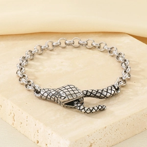 Detailed close-up of antique silver snake clasp on a gothic style stainless steel chain
