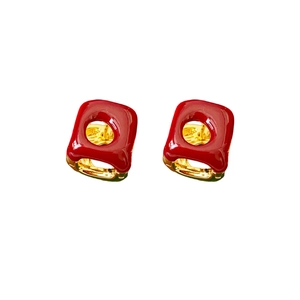 French vintage red enamel square hollow gold hoop earrings for elegant women style