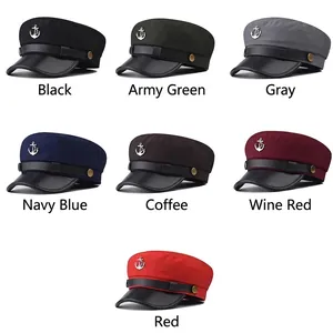 Anchor captain cap for women in seven colors with leather brim and metal emblem decoration