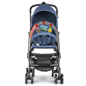 Detail of spiral stroller toy with plush bird and bee hanging on blue baby carriage