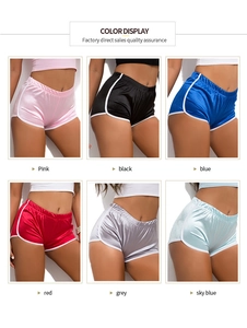 Color display of women's satin sports shorts in six vibrant colors with a smooth finish