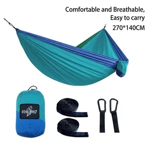 Portable 270x140cm nylon camping hammock set with straps and carabiners in blue and green