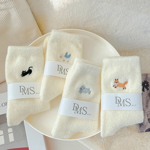 Winter thermal fleece socks for women featuring cute cartoon embroidery in four cream styles