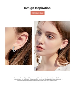 Close-up of S925 sterling silver hoop earrings with pavé moissanite detailing on model