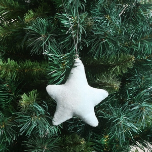 Close-up of white plush star Christmas ornament hanging on a green pine tree branch